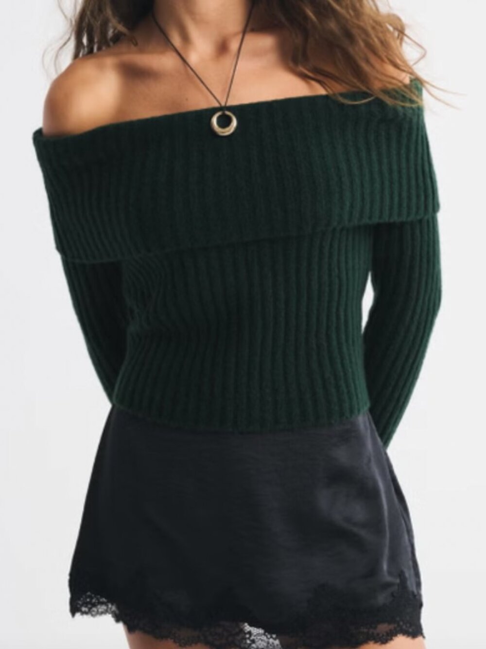 Abercrombie Ribbed Foldover Off-The-Shoulder Sweater Deep Green Size L NWOT